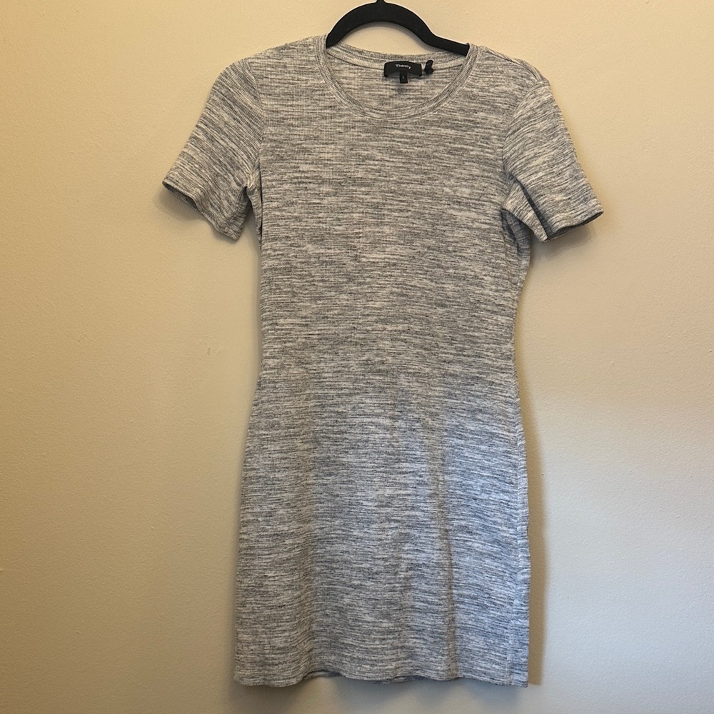 Theory Heather Gray Mini Bodycon Dress Small Short Sleeved Ribbed Classic Simple